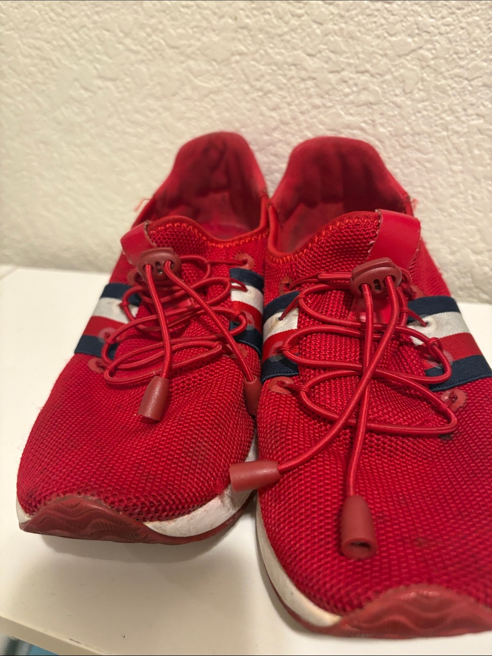 Women Red Tommy Hilfiger Athletic Sneakers with Navy & White Stripe